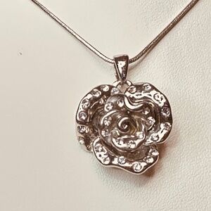 Silver Tone Rose Shaped Pendant w/Clear Crystals & Snake Chain Vintage